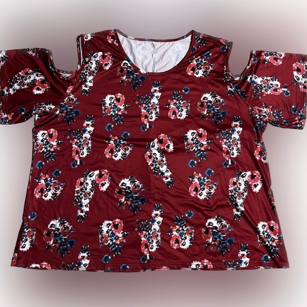 🍄NEW Blouse Cold Shoulder Short Sleeve Round Neck Burgandy Rose Top Shirt 4XL